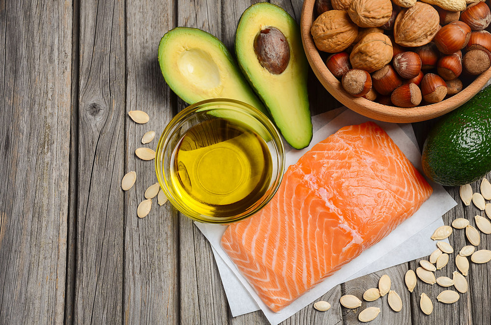 Table depicting some elements of a ketogenic diet, including salmon, olive oil, avocados, nuts and seeds.